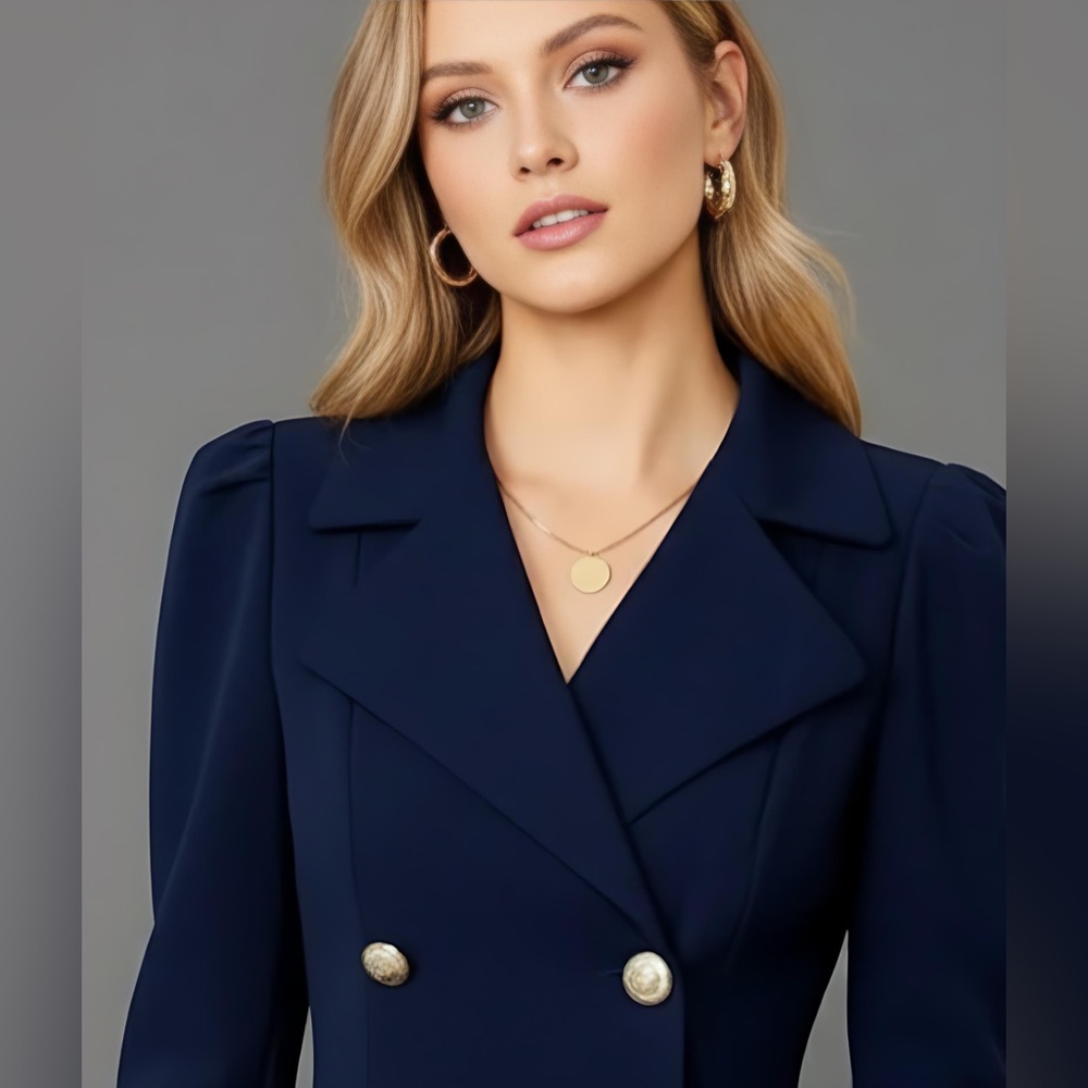 Notch Collar Double Breasted Blazer Dress Navy Blue - Picture 2 of 8